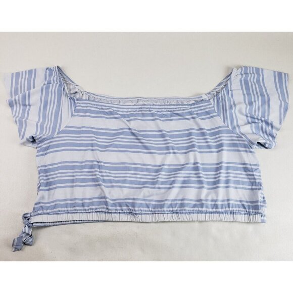 Torrid Striped Challis Crop Top Womens 6X 30 Blue Off Shoulder Short Sleeve - Picture 6 of 12